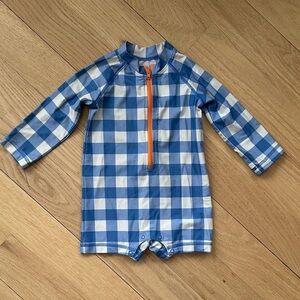 Primary baby one piece rash guard 6-12 month blue checkered.